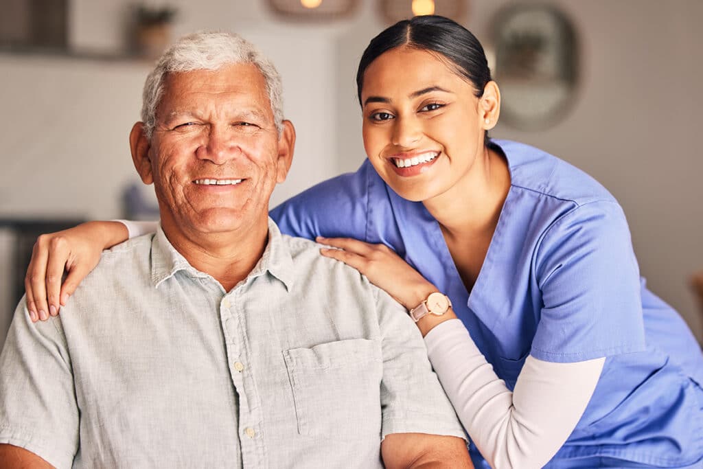 Happy nurse and portrait of senior man with support